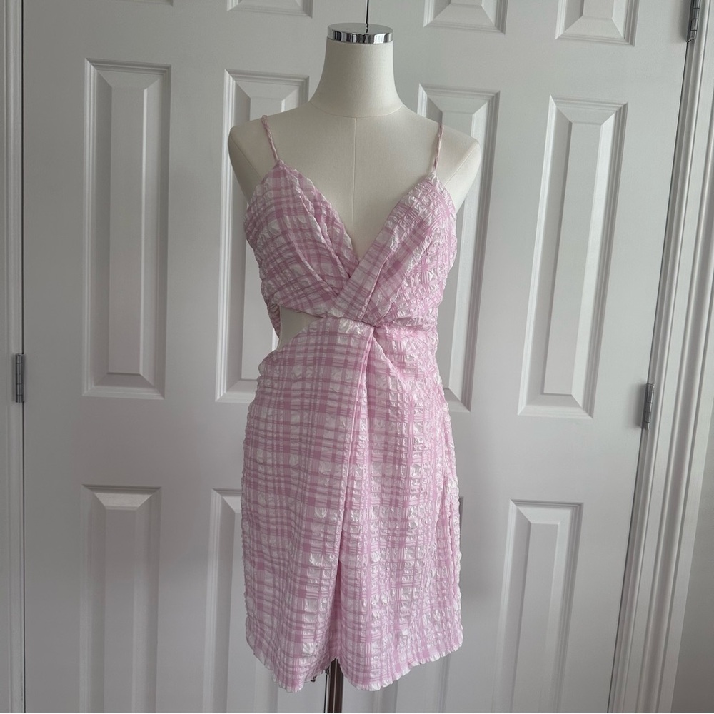 NWT Zara Pink Gingham Cutout Checkerboard V-Neck Spaghetti Strap Dress Size L